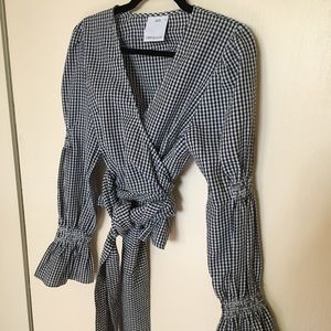 Gingham wrap top with balloon scrunched sleeves